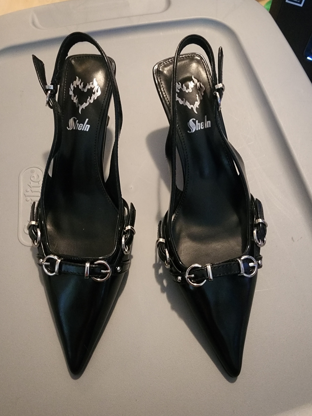 SHEIN Black Pointed-Toe Slingback Heels with Silver Buckle Detail